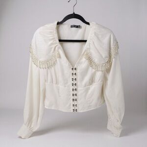 Nasy Gal Beaded Corset Top Hook & Eye White Cream Blouse Size 8